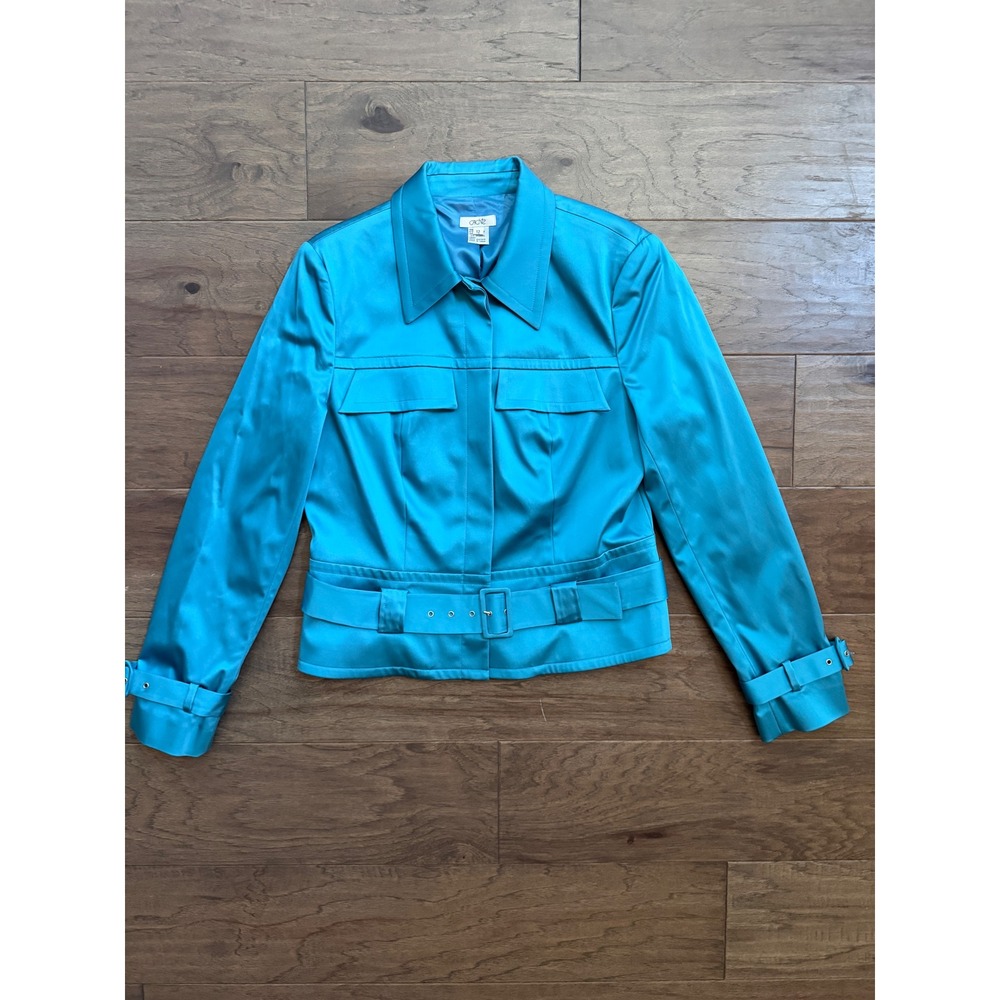 Cache Jacket Womens 12 Turquoise Blue Satin Acetate Solid Cropped Belted Utility